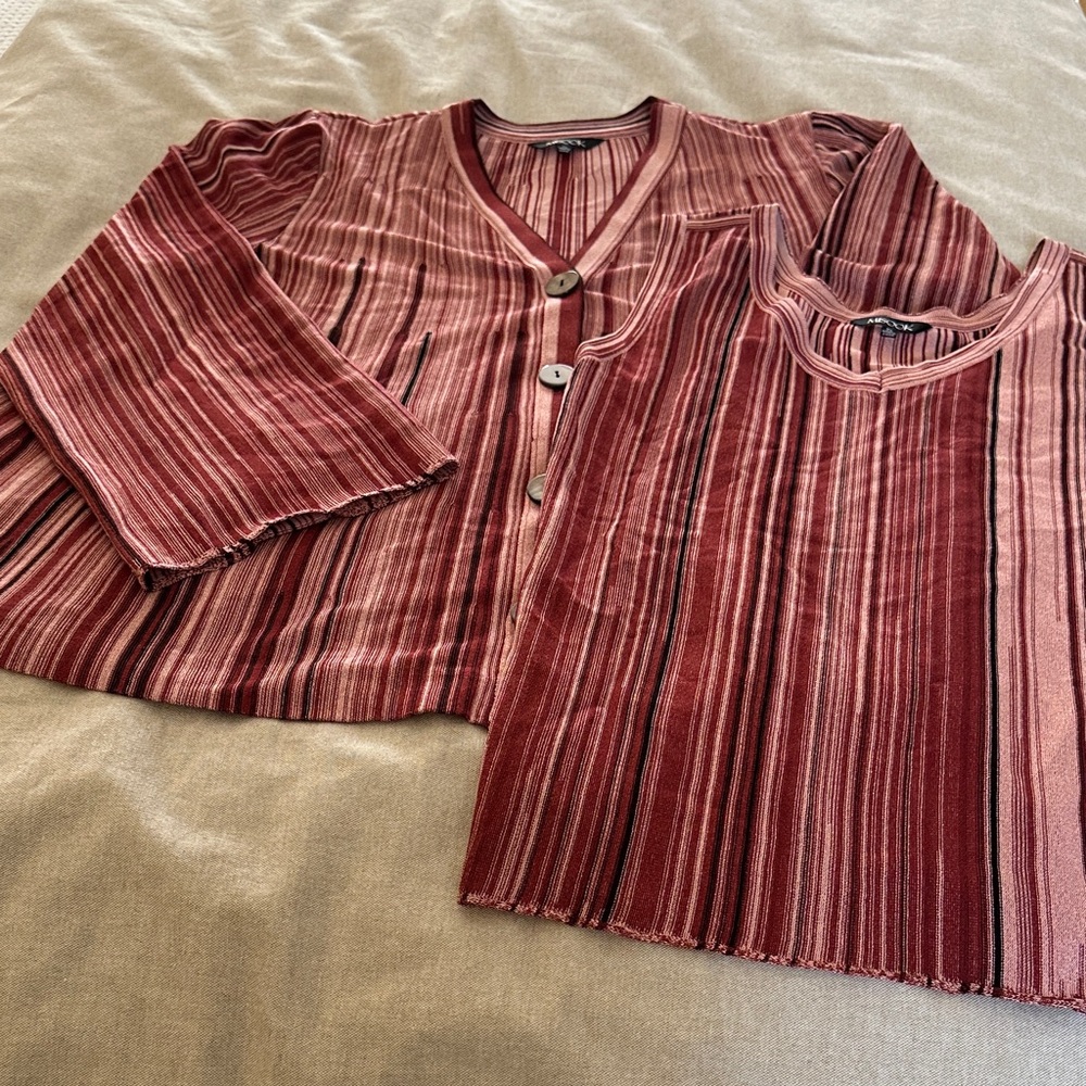 Misook Burgundy and Pink Striped Cardigan and Tank Twin Set XL